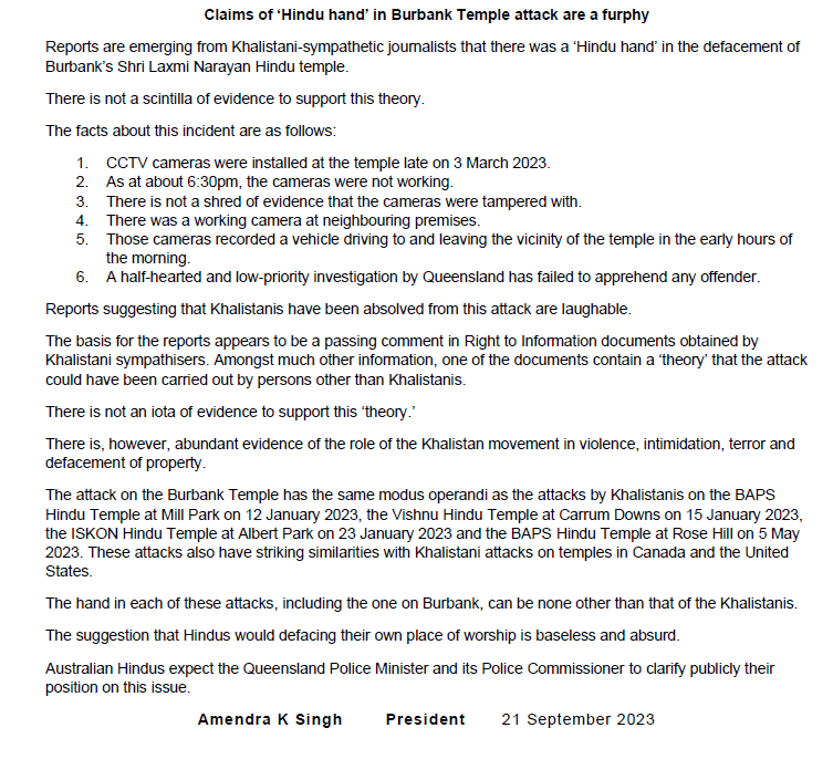 austhindu's tweet photo. Australian Hindu Assn slams claims of Hindu hand in Burbank temple defacement. 'Not a scintilla of evidence to support this theory.' The hand in each temple attack, including  Burbank, can be none other than that of the Khalistanis. @MarkRyanQLD &amp; @QldPolice urged to clarify. https://t.co/xhX0mR03JH