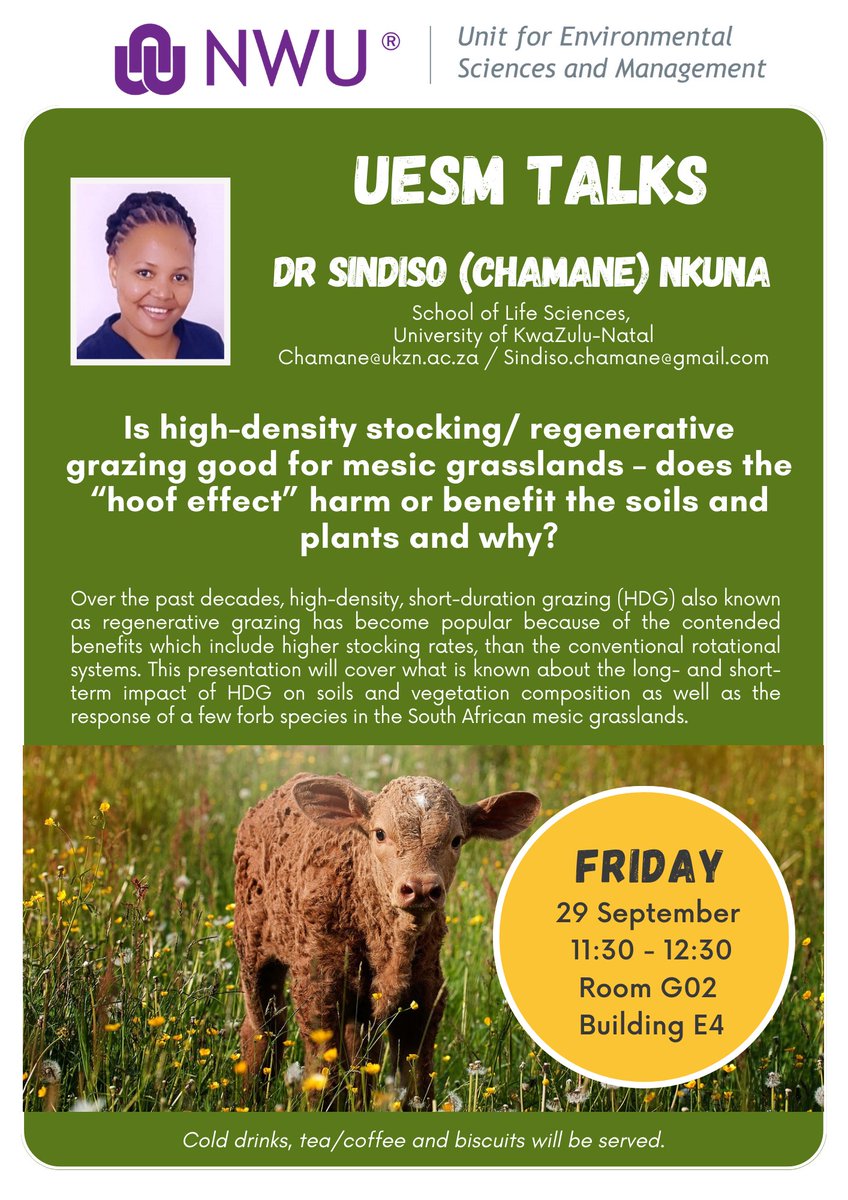 UESM Talk: Dr Sindiso Nkuna, UKZN
For questions / if you are interested in presenting - contact Frank.Neumann@nwu.ac.za.
#environmentalscience #stockingdensity #grazing #forbs #wildflowers #grasses #vegetation #ecology #hoofeffect <a href="/theNWU/">NWU - North-West University</a> <a href="/FERG_NWU/">FERG NWU</a>