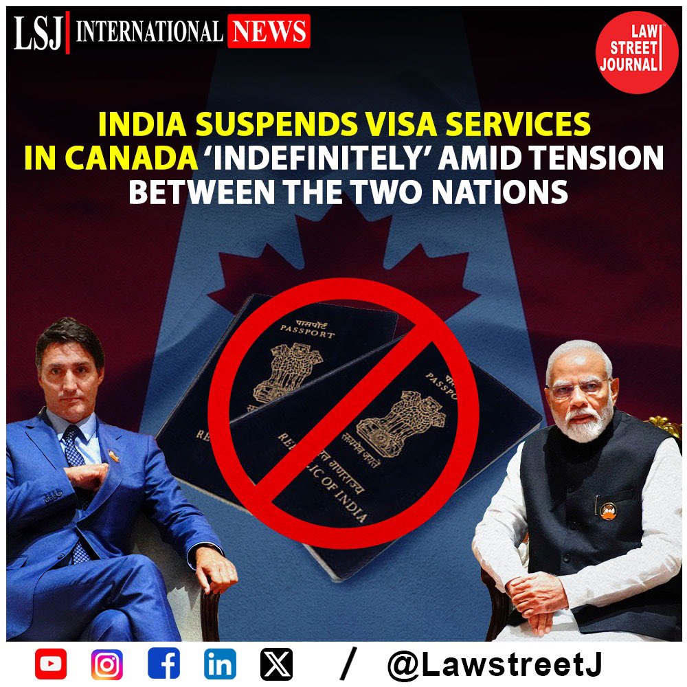 LawstreetJ's tweet photo. Indian Visa services in Canada suspended till further notice, says BLS India Visa Application Centre quoting "Indian mission notice". BLS provides Indian visa services in Canada.
#IndiaCanadaRelations #VisaServices #SuspensionOfVisas #OperationalReasons #India #LawstreetJ https://t.co/wM2ZYzP274