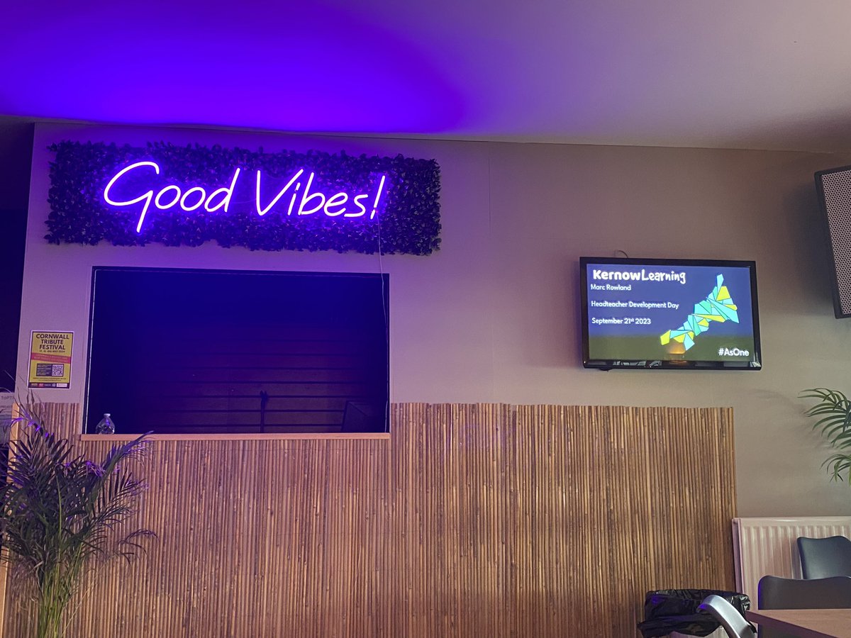 Our Headteacher Development Day is well underway. Today, our school leaders are joined by other colleagues to explore how to close the disadvantage gap with <a href="/marcrowland73/">Marc Rowland</a> of <a href="/UnitySchoolsP/">Unity Schools Partnership</a>. The neon sign in the venue sums up the mood for the day! #AsOne #GoodVibes <a href="/ClareCrowle/">Clare Crowle</a>