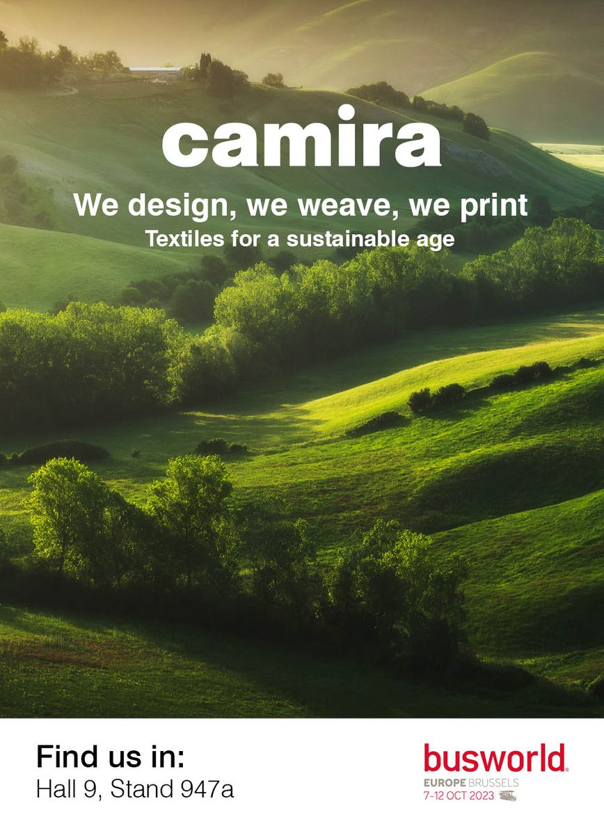 From 7th to 12th October 2023, you'll find us at Busworld in Brussels. 🚌 We'll be focusing on innovation in textiles for a sustainable age, and showcasing Camira Print. To find out more, visit us in Hall 9 at stand 947a. #Busworld2023
