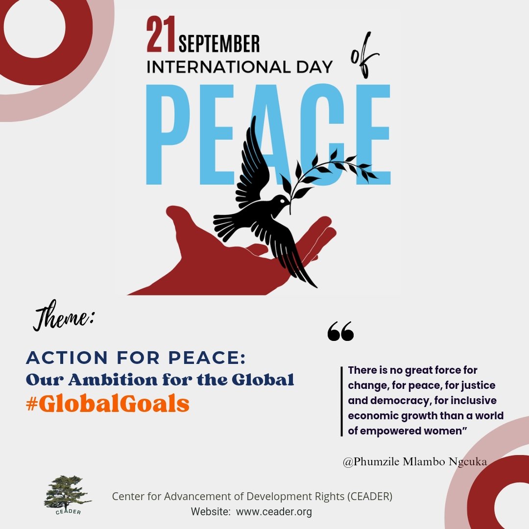 ceaderNigeria's tweet photo. Today September 21 is the International Day of Peace with the global theme 'Action for Peace: Our Ambition for the Global #GlobalGoals.'''

#InternationalDayOfPeace 
#EndViolence https://t.co/B8mZy8GOjH