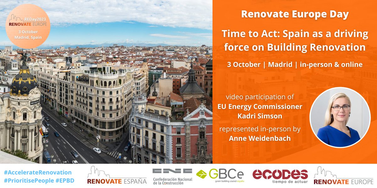 Renovate Europe..Now (@renovateeurope) on Twitter photo Join us on 03/10 in Madrid (or #online) for a timely event on energy #renovation, take inspiration from good examples on the ground and better understand why an ambitious #BuildingsDirective is crucial.
Register below (in-person seats are finishing!)
eventbrite.co.uk/e/renovate-eur… Join us on 03/10 in Madrid (or #online) for a timely event on energy #renovation, take inspiration from good examples on the ground and better understand why an ambitious #BuildingsDirective is crucial.
Register below (in-person seats are finishing!)
eventbrite.co.uk/e/renovate-eur…