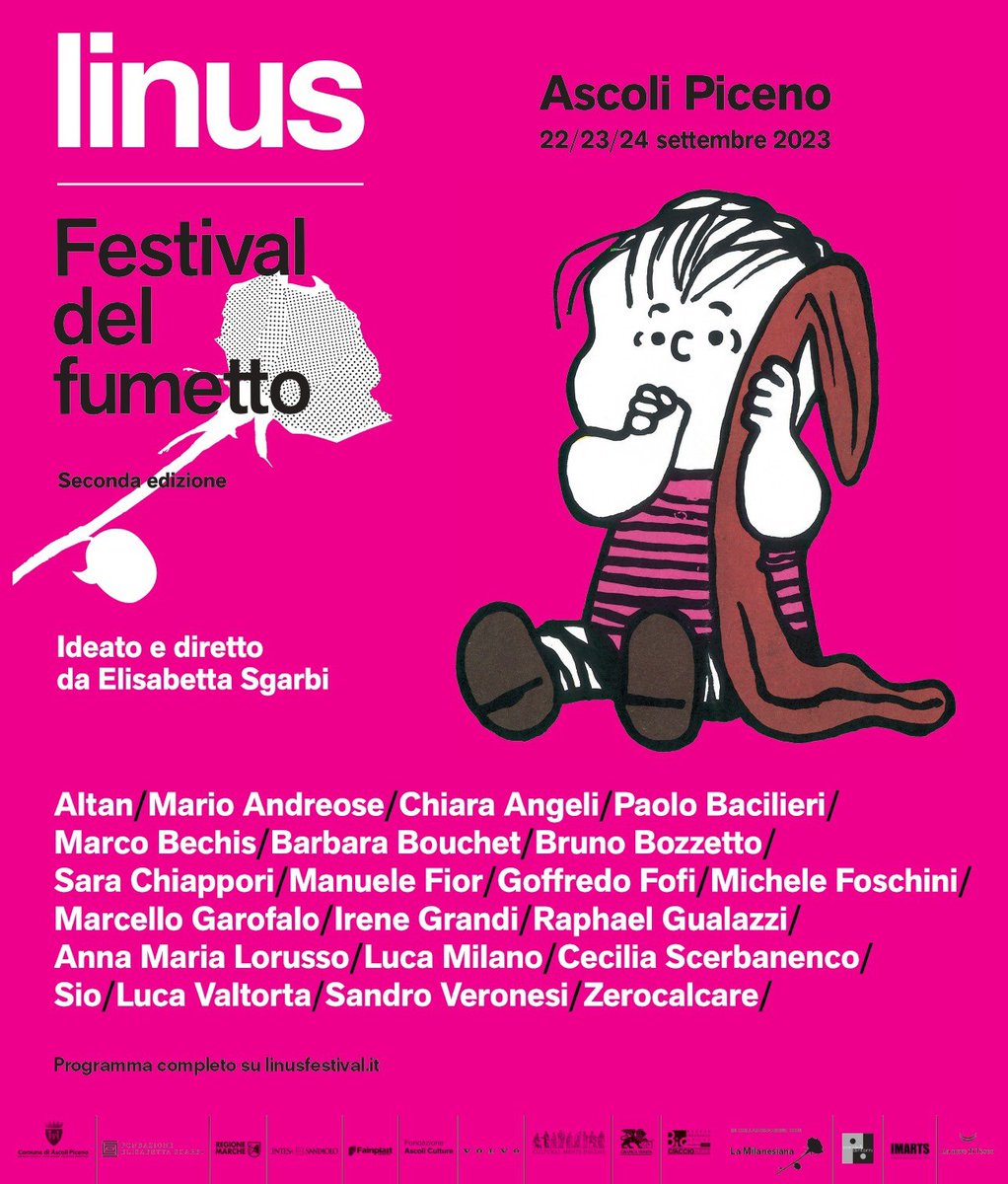 linus - Festival del fumetto, ideato e diretto da @bettywrong, sta arrivando: dal 22 al 24 settembre ad Ascoli Piceno tre giorni di proiezioni, mostre, concerti, incontri con le scuole e dialoghi con i tanti ospiti sul tema del fumetto. Programma completo: linusfestival.it