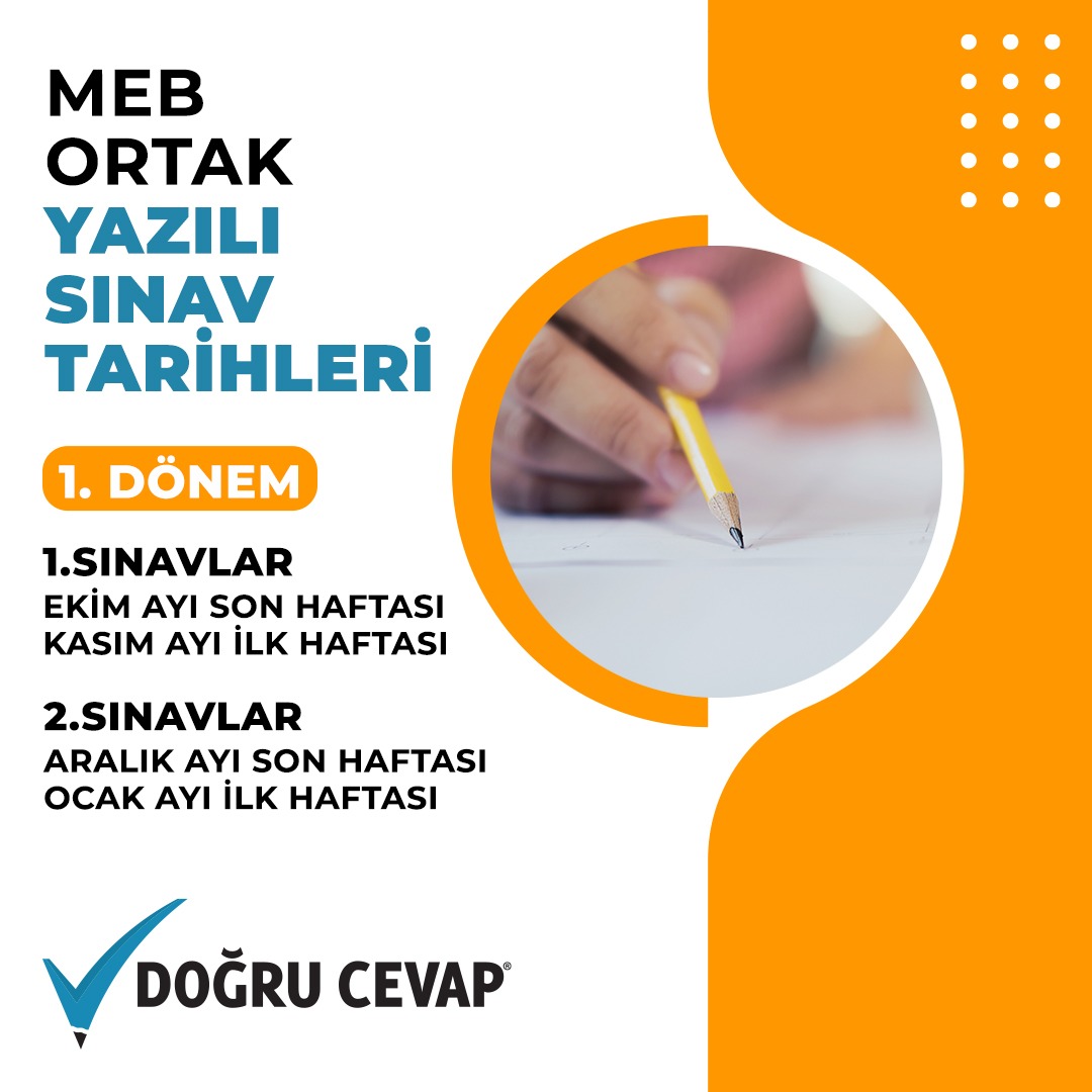 MEB "Ortak Yazılı Sınav" tarihlerine açıkladı. Buna göre Birinci sınavlar Ekim ayının son haftası ve Kasım ayının ilk haftası içinde gerçekleştirilecek. İkinci sınavlar ise Aralık ayının son haftası ve Ocak ayının ilk haftasında yapılacak.  
#DoğruCevap #OrtakYazılıSınav #Yazılı