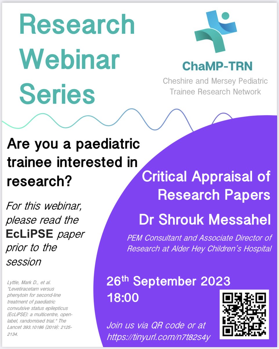 If you ever wanted to learn more about critical appraisal of research papers, join @champtrn1 and Dr Shrouk Messahel on Tuesday 26th September at 6pm on tinyurl.com/n7t82s4y. Read the EcLiPSE paper here: doi.org/10.1016/S0140-…