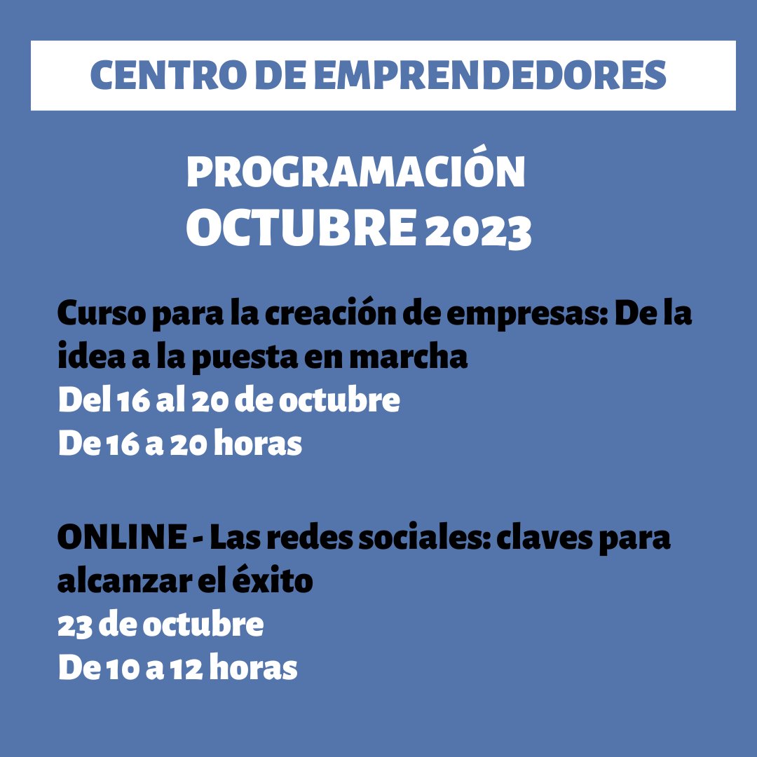 🔔FORMACIÓN CENTRO DE EMPRENDEDORES –  OCTUBRE 23🔔

En el apartado de formación de nuestra web podrás encontrar 🧐 las actividades que hemos organizado, su contenido y las personas docentes.

Accede en:
🔗impulsalicante.es/formacion-2/ev…

#empresa #emprender #formación #emprendedores