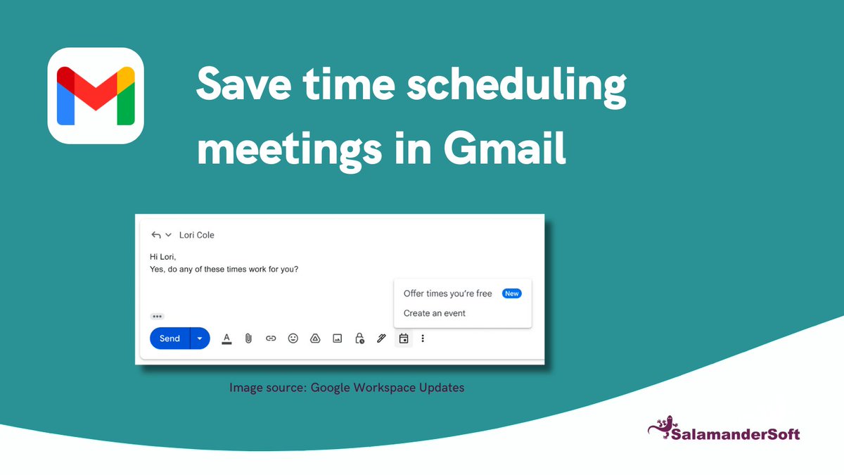 SalamanderSoft's tweet photo. Scheduling in Gmail just got simpler. 📆

Propose times you're free and let the other person pick a time that suits them. 

Say goodbye to back-and-fourth emails about availability.

Learn more 👇

https://t.co/YVX1ymA3pS

#GoogleForEdu #GoogleClassroom https://t.co/xLpGpv9Xvn