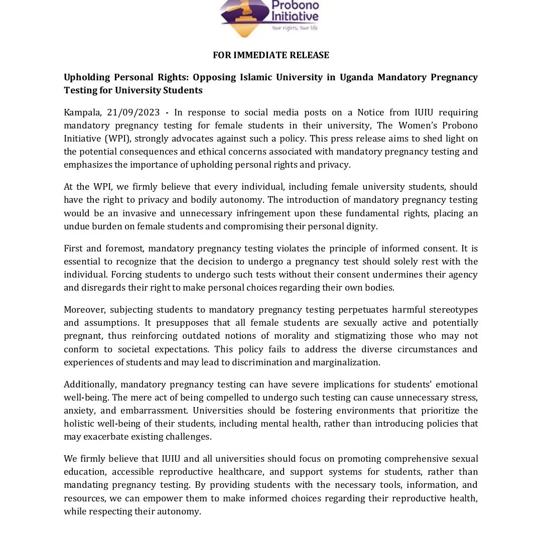 WomenProbono's tweet image. Mandatory pregnancy testing is not the solution. Instead, let&apos;s focus on comprehensive sexual education and accessible healthcare resources at IUIU. It&apos;s time to empower students, not invade their privacy. #SupportStudents #NoToMandatoryPregnancyTesting