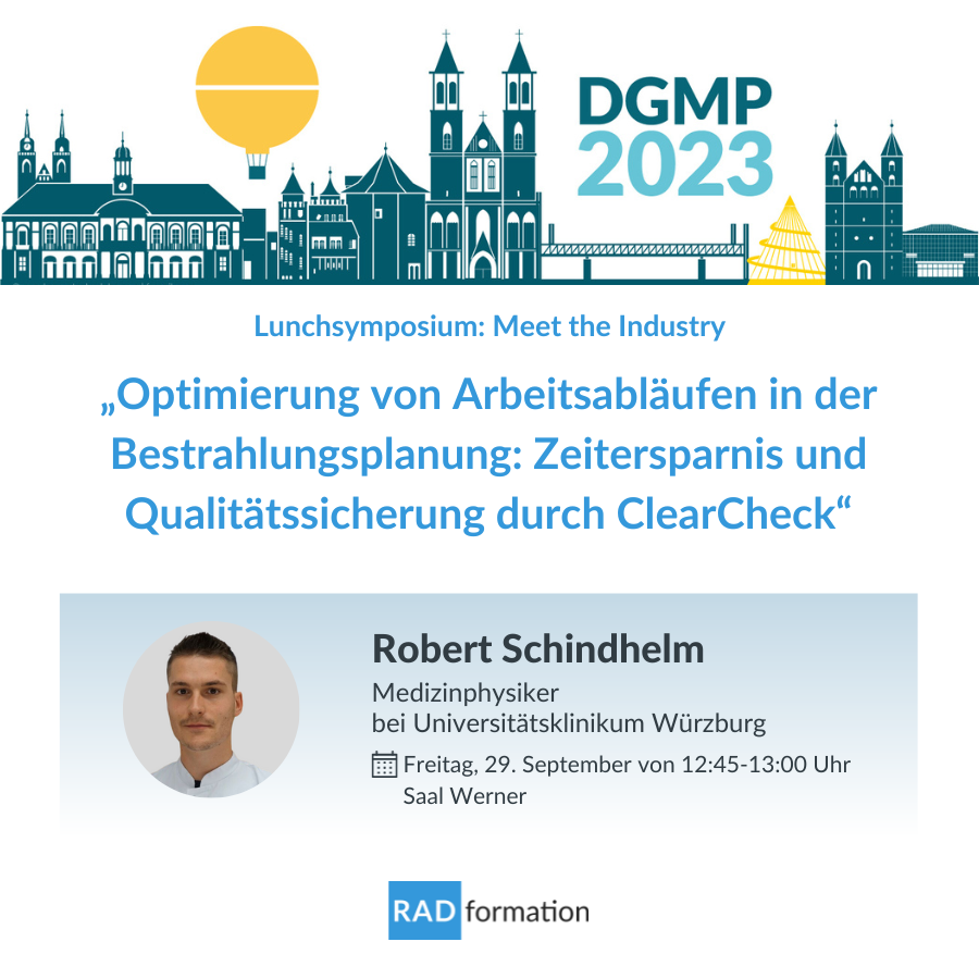 Radformation's tweet image. Wir freuen uns, Robert Schindhelm, Medizinphysiker vom @Uniklinikum_Wue, vorstellen zu dürfen, der nächste Woche während der DGMP seine eigenen Erfahrungen mit ClearCheck teilen wird. Buchen Sie eine Demo: bit.ly/44Si4R5
#medizinischephysik #medphys #dgmp2023 #kongress