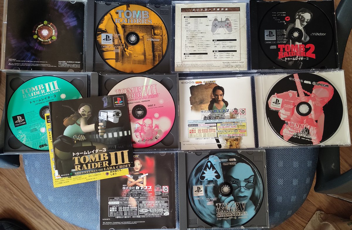 RainaAudron's tweet photo. Just got my hands on the Japanese versions of the classic Tomb Raider PS1 games. Really love their different look and design! 🤩They all use the European logo except TR2🤔 TR4 even comes with a sticker set!
#TombRaider #Japan #TRcollection #JapaneseTombRaider #LaraCroft #Lara https://t.co/V0ZHLiOEwV