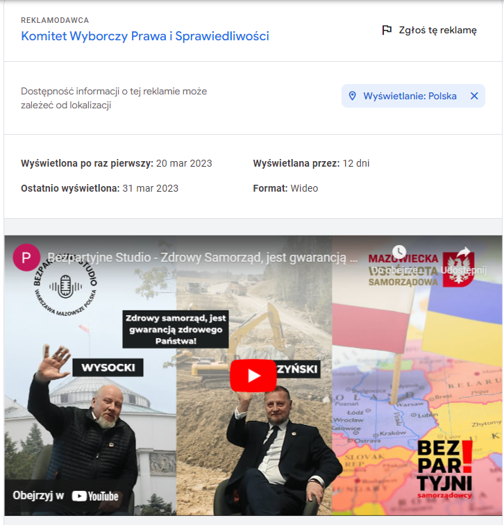 SzJadczak's tweet photo. Ciekawostka z biblioteki reklam politycznych Google - Komitet Wyborczy Prawa i Sprawiedliwości figuruje jako reklamodawca, który zamieścił filmik z Bezpartyjnymi Samorządowcami. Pewnie jakaś pomyłka. https://t.co/zHItTzNeLg