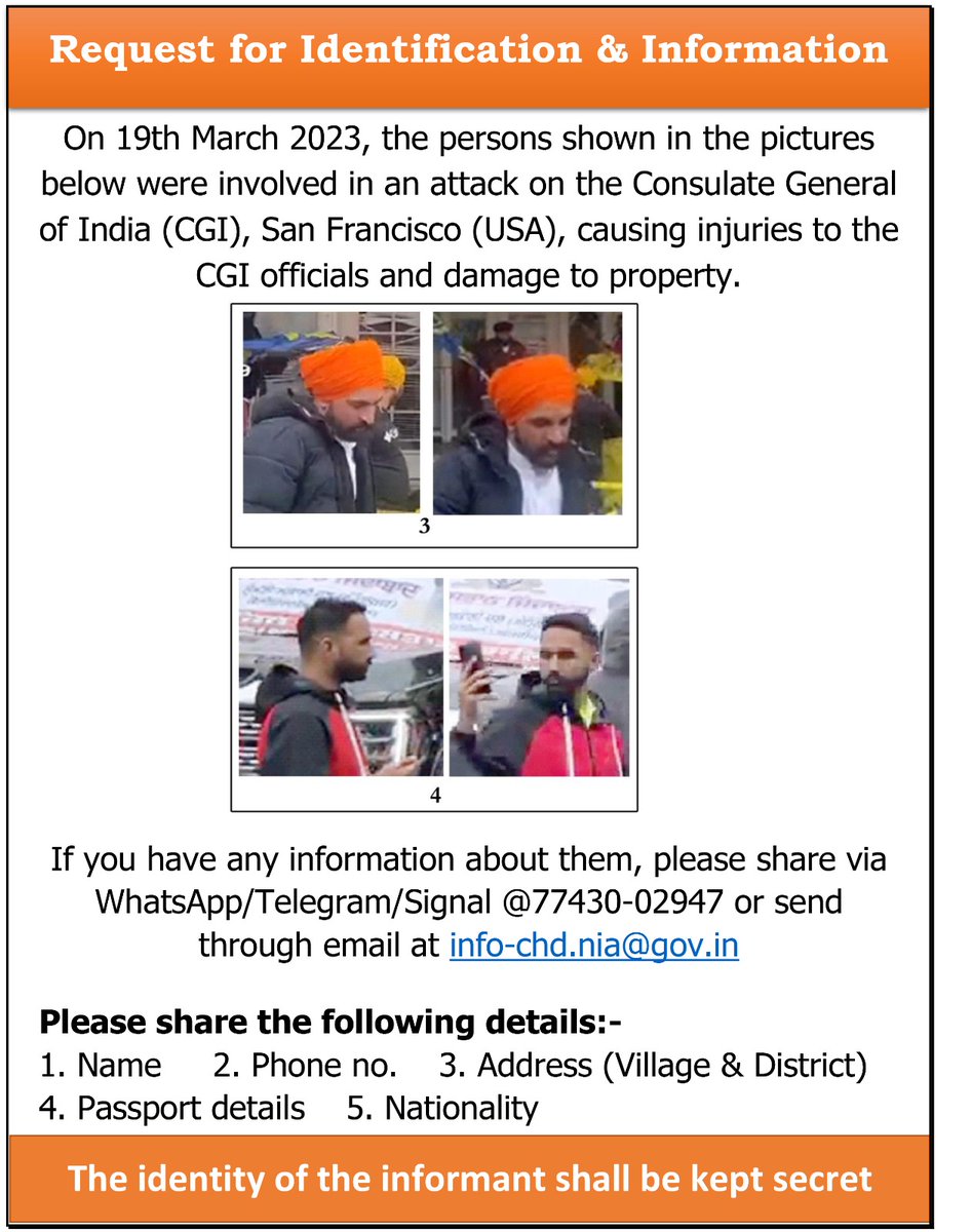 rsrobin1's tweet photo. The #NIA releases photos of 10 suspects, accused in SF Indian Consulate Attack (March 2023). 📄 Three separate "Request for Identification & Information" notices issued.
#NIASearch #IndianConsulateAttackSF2023 https://t.co/QVZudIzVpG
