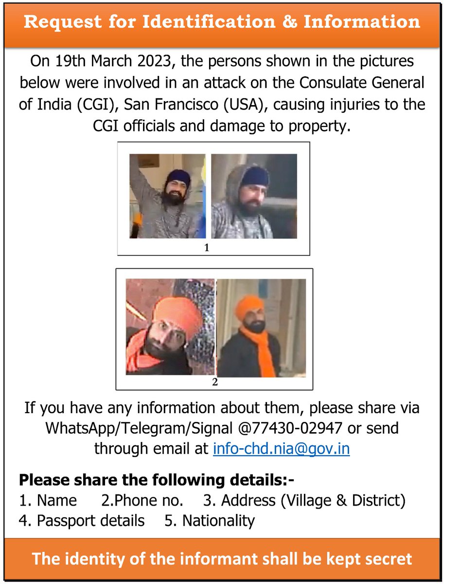 rsrobin1's tweet photo. The #NIA releases photos of 10 suspects, accused in SF Indian Consulate Attack (March 2023). 📄 Three separate "Request for Identification & Information" notices issued.
#NIASearch #IndianConsulateAttackSF2023 https://t.co/QVZudIzVpG