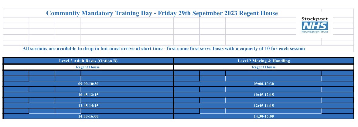 Calling all Community staff. Please come to Regent House 29/9/23 for your Mandatory Training! Time table below. <a href="/JoMartin007/">#hellomynameisJo</a> <a href="/stockportskills/">Clinicalskills@stockport</a> @jimrawcliffe <a href="/ClaireCrane123/">Claire Crane</a> <a href="/tayascan89/">Taya ♥</a> <a href="/stockportskills/">Clinicalskills@stockport</a> <a href="/HCAsStockport/">HCSWs@StockportNHSFT</a>