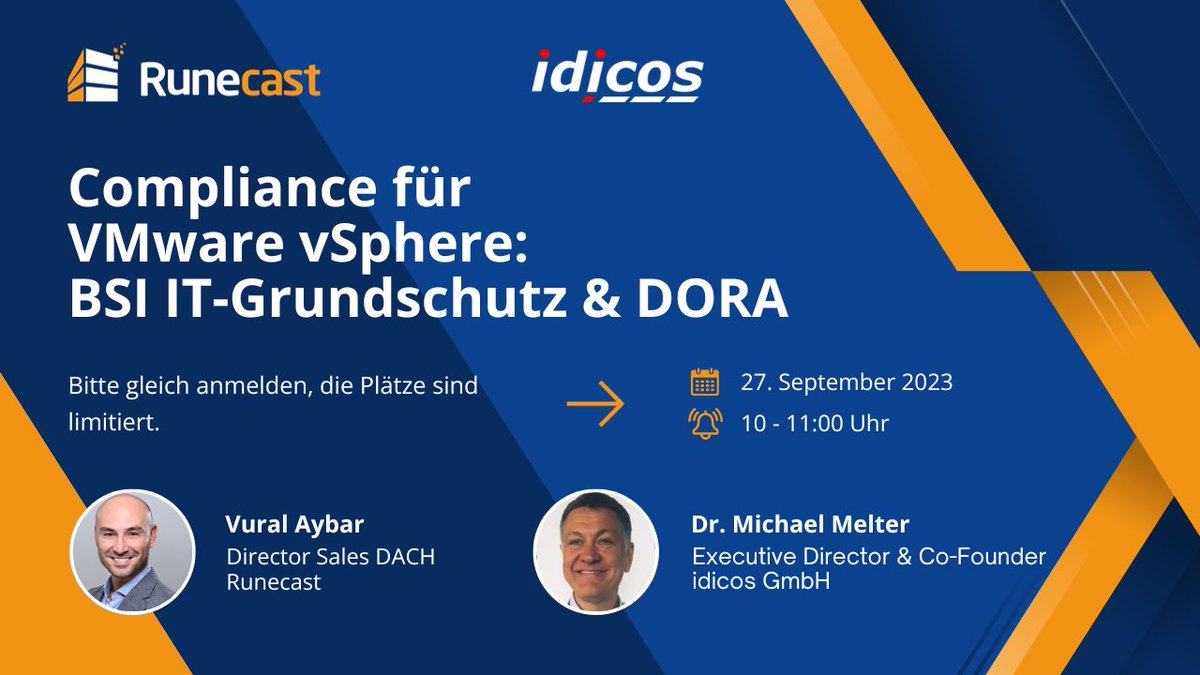 Runecast's tweet photo. 🔔 Don’t miss out this exclusive webinar and register now! Join us next Thursday to learn more about compliance for #VMware #vSphere: #BSI IT-Grundschutz &amp; #DORA'. 

🗓 27. September 2023
🕙 10 am – 11 am CEST

Save your seat here:
https://t.co/WKLTv6RCsL https://t.co/FlpdaPdR3a