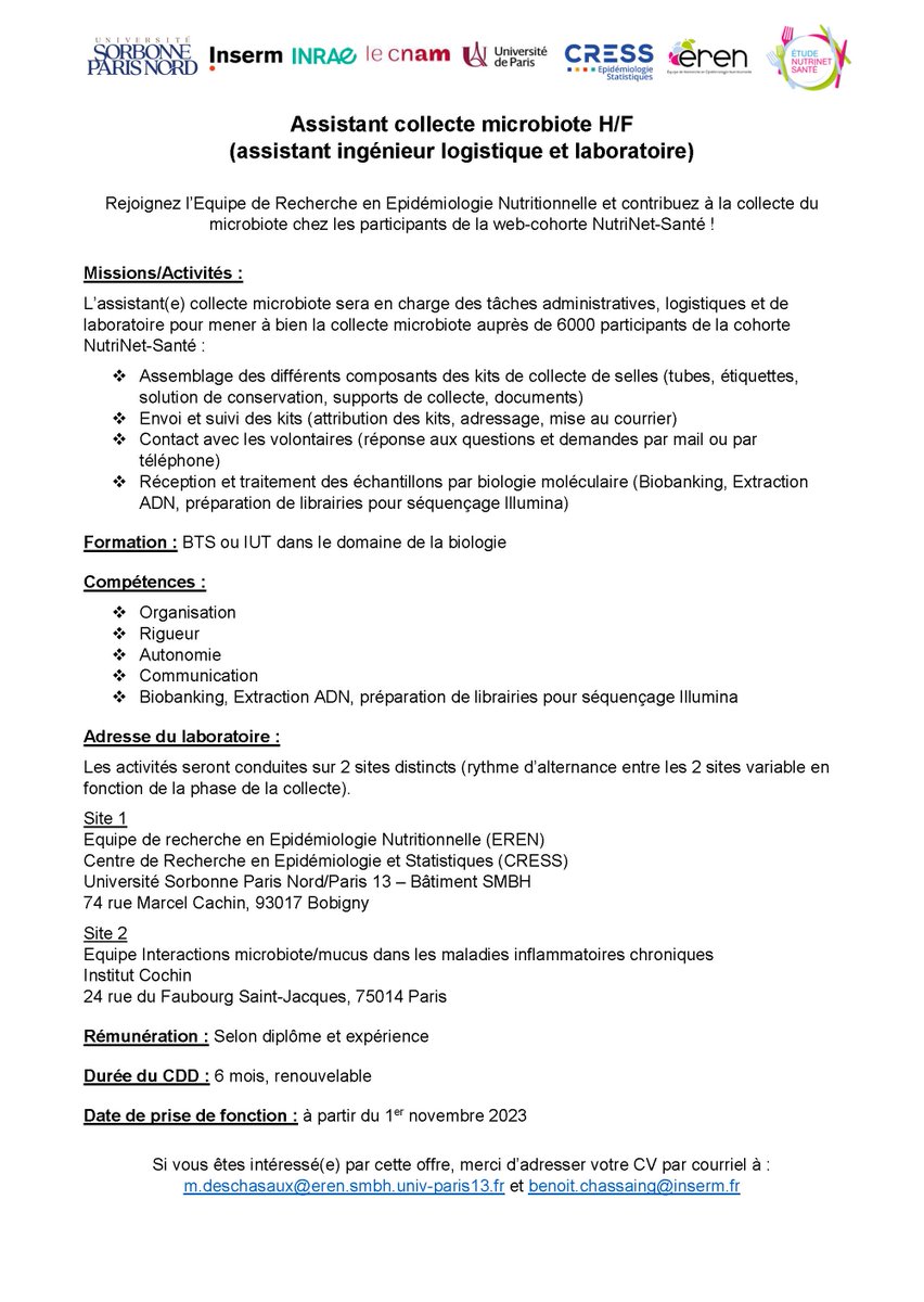 🚨🚨!!Job Alert!!🚨🚨 Intéressé par l'étude du microbiote intestinal en lien avec la nutrition ? Et dans le cadre d'une recheche clinique en connection avec @NutriNetSante ? Voir offre ci-jointe pour un poste d'AI avec nous !!!