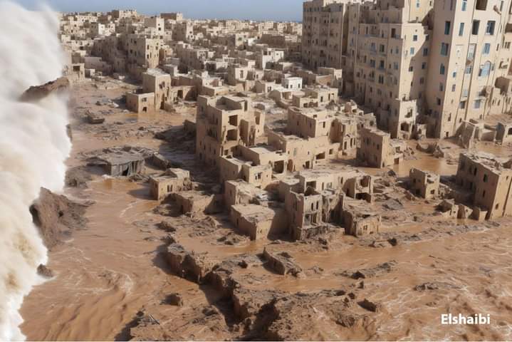 oksanaalfa987's tweet photo. You can imagine this is how the flood of the city of Derna was, an approximate image of the disaster using artificial intelligence.. God have mercy on you 🤲🏻💔 https://t.co/bzm2qncyNm