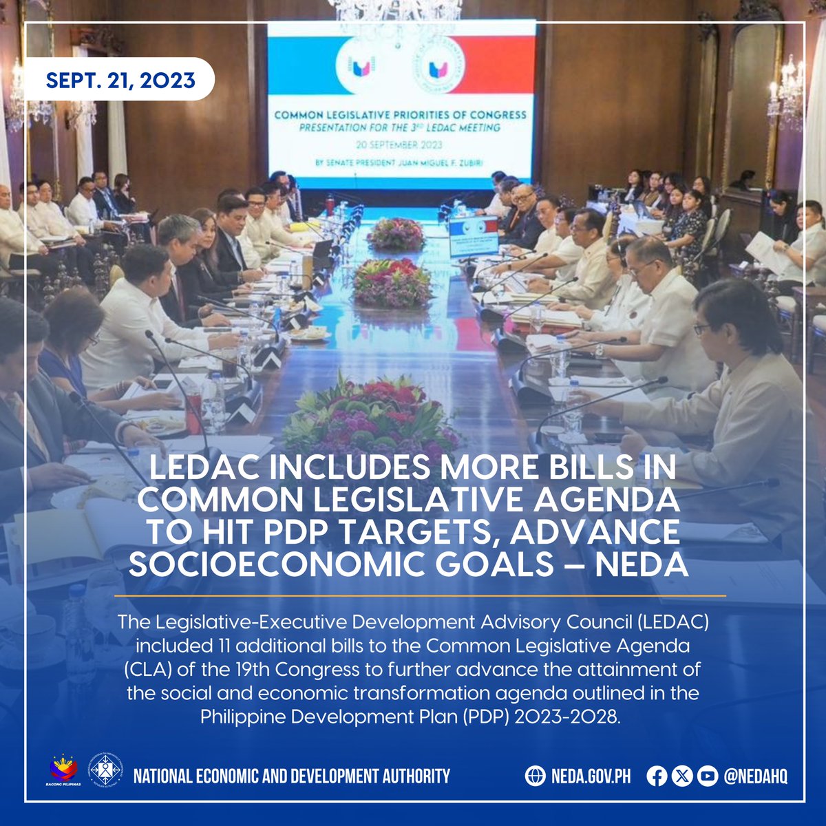DEPDevgovph's tweet photo. 𝐋𝐎𝐎𝐊: The LEDAC, chaired by Pres. Marcos Jr., adopted 11 priority bills to help achieve the dev't targets in various areas outlined in the PDP. These areas include gov't efficiency, national defense, and infrastructure dev't. https://t.co/PcrEuUyR0j