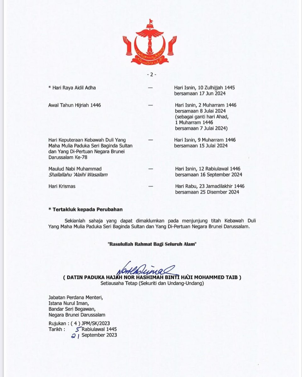 Surat Keliling Jabatan Perdana Menteri Bil: 4/2023 Negara Brunei Darussalam

Hari-Hari Kelepasan Awam Tahun 2024

#govbn #brunei