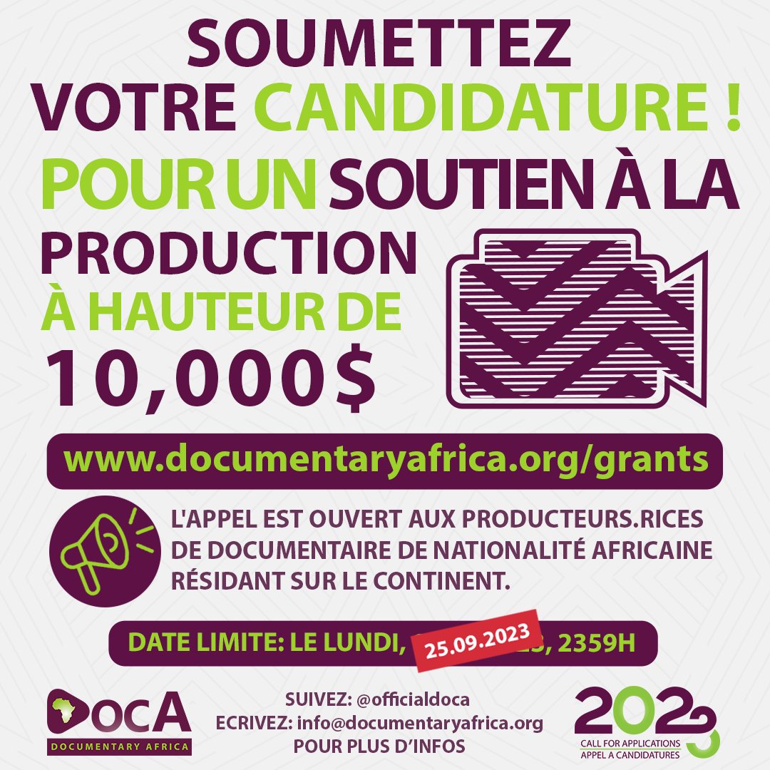 African documentary producers: It's your last chance to get your films supported! Submit your applications via ow.ly/Nygi50POe4O for production support by 25.09.2023. Don't miss this opportunity to get your stories told! #doca #documentary #productionSupport #AfricanStories