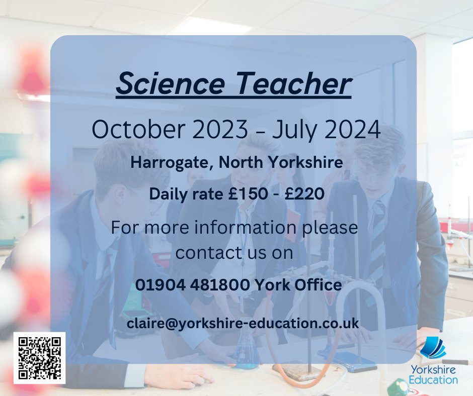 Science teacher to work in a secondary school in Harrogate, North Yorkshire.
To start as soon as possible until July 2024. Covering KS3 &amp; KS4.
For more information or to apply please contact us. 
01904 481800 
claire@yorkshire-education.co.uk
#yorkshireeducation #supplyteaching