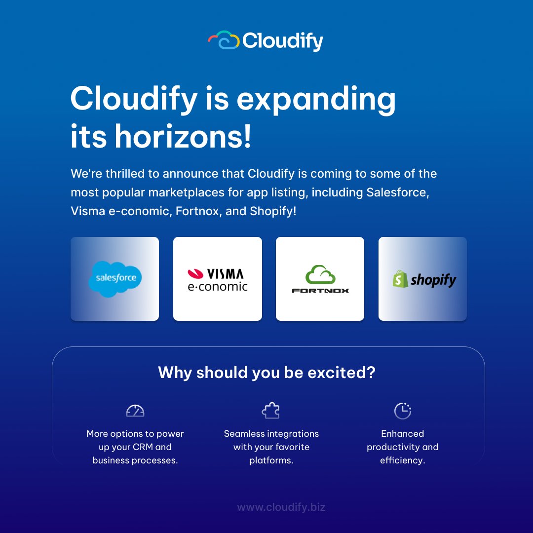 We're thrilled to announce our upcoming presence on highly-regarded marketplaces like Salesforce, Visma e-conomic, Fortnox, and Shopify.

Stay tuned for updates that will transform the way you do business: hubs.li/Q022R4JT0

#CloudifyApS #CRM #Productivity #StayTuned