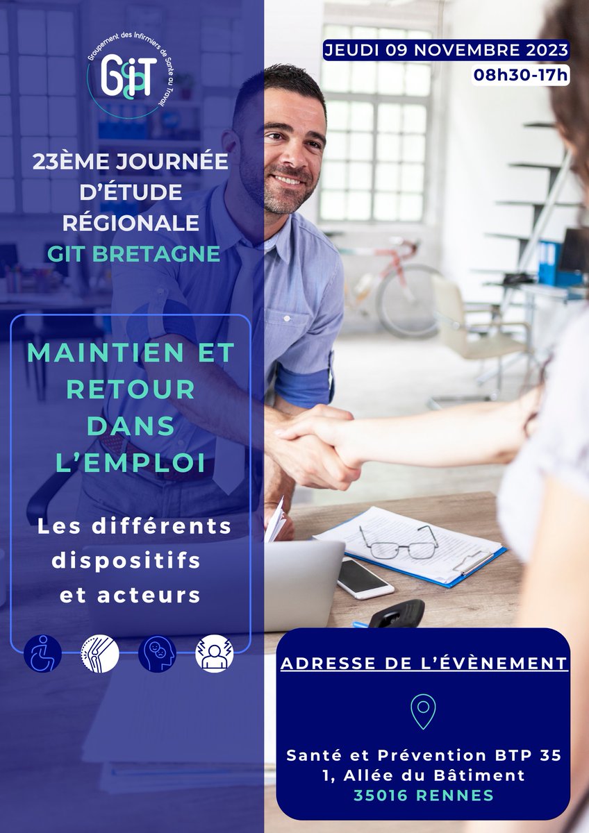Groupement_IST's tweet image. GIT Bretagne organise une nouvelle journée de formation dédiée aux #infirmiers de #santéautravail, sur le thème du #maintien dans l'#emploi.
Toutes les infos de l'évènement et d'inscription sont à ce lien : bit.ly/3PJWPN5
#Formation #GIT