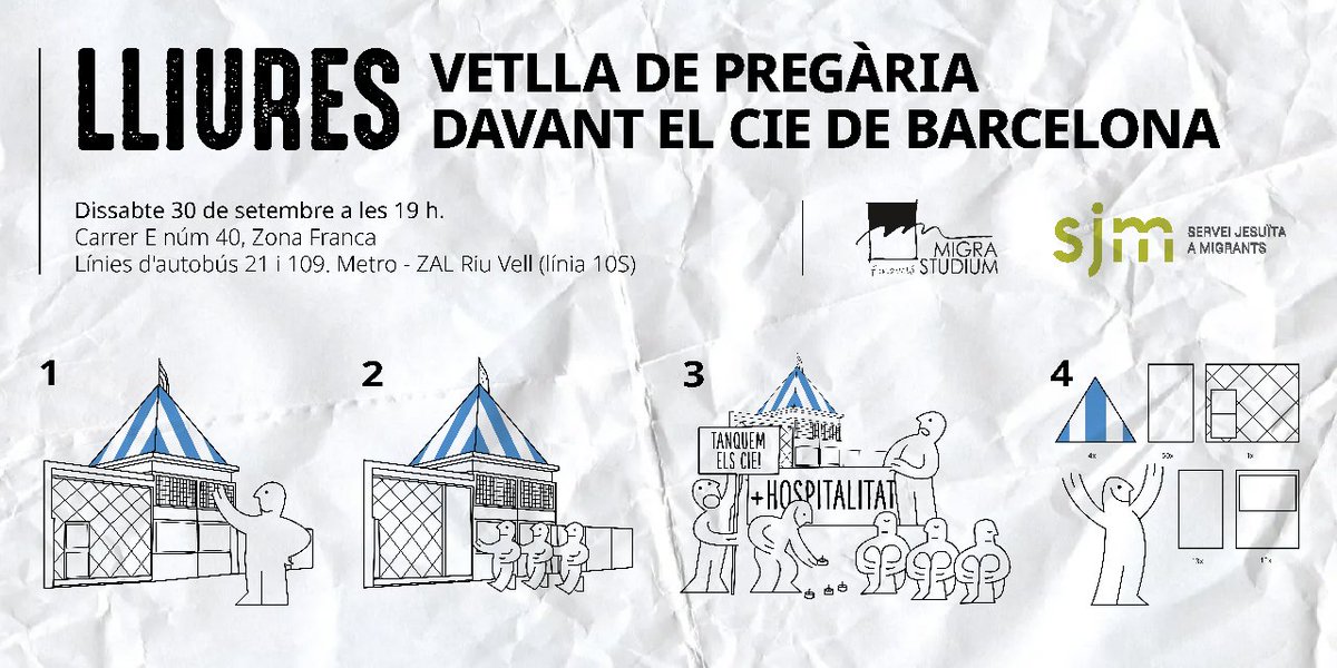 📣 Dissabte 30 de setembre, a les 19h, celebrarem la desena edició de la Vetlla de Pregària davant del CIE Zona Franca sota el lema “LLIURES”. Es tracta d'un acte de solidaritat amb les persones internades al CIE, i de visibilitzar la vulneració de drets i violència gratuïta.