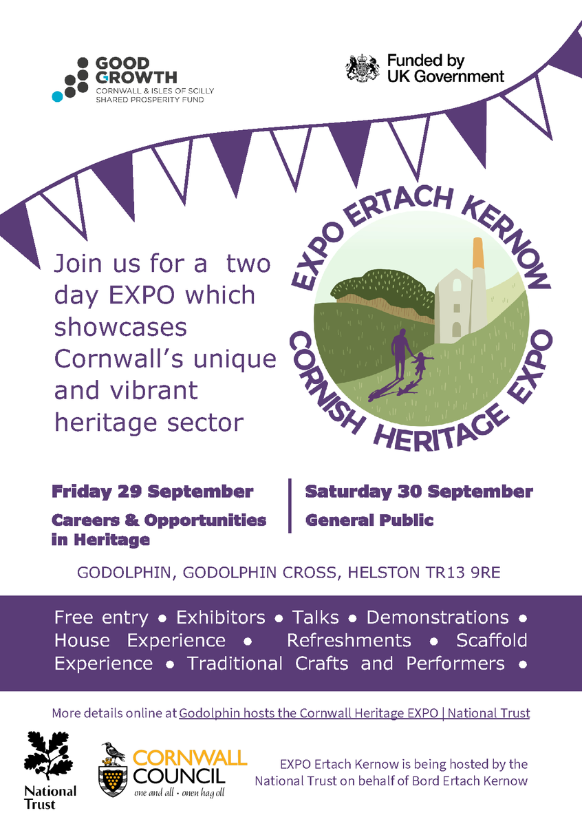 CIOS_HER's tweet photo. Just one week to go!

Come along to the first ever EXPO Ertach Kernow | Cornish Heritage EXPO on 29th &amp; 30th September at National Trust Godolphin!

The EXPO is open to the public on both days between 10am and 5pm, with free entrance to the site and car parking. https://t.co/g9ezdkOzi9