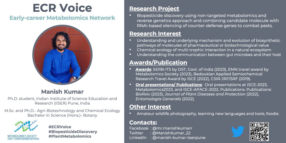 Introducing @ManishKumar_22 as the second #ECRVoices card! He is working in #PlantMetabolomics aiming to do #BiopesticideDiscovery in India. Visit his card below and reach out to his social media for further discussions! #ECRVoices