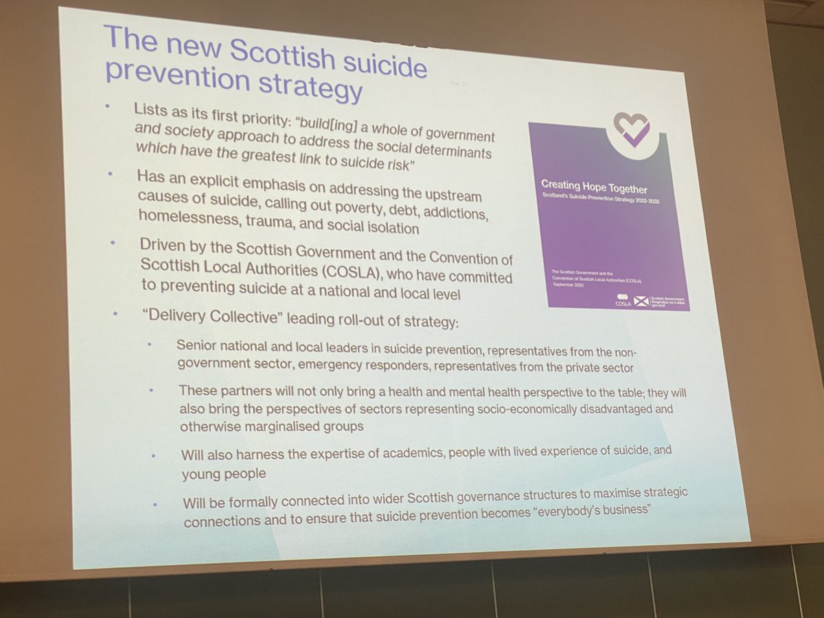 Suicide prevention needs a whole government and cross-sectoral accountable approach especially macro interventions like income protection beyond the health-centric approach. A sample from Scottish new strategy is attached.

Jane Pirkis
#IASPPIRAN2023