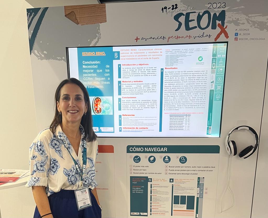 gonorte_'s tweet photo. La Dra. @LauraBaste (H. Univ. Donostia) en el Congreso @_SEOM con el póster destacado de nuestro Estudio #RENO: Características clínicas, patrones de tratamiento y resultados de supervivencia en pacientes con carcinoma renal metastásico en el norte de España
#gonorte #SEOM2023 https://t.co/b6MH6vH0GO