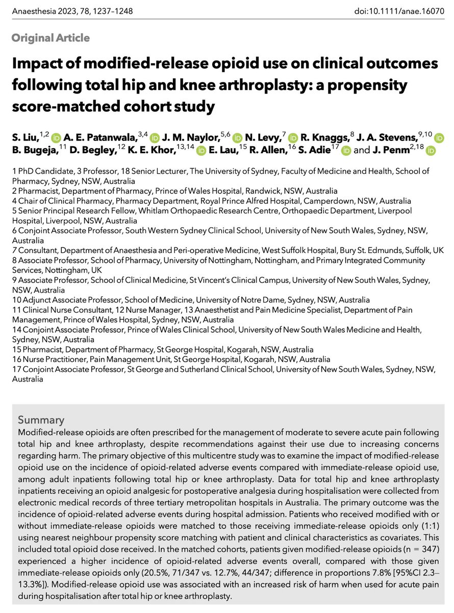 🔓Impact of modified-release opioid use on clinical outcomes following total hip and knee arthroplasty: a propensity score-matched cohort study. @ShaniaLiu_ @sidpatan @nicholasalevy @justjenstevens @JonPenm Now #OpenAccess and #FreeForever! 🔗…-publications.onlinelibrary.wiley.com/doi/10.1111/an…