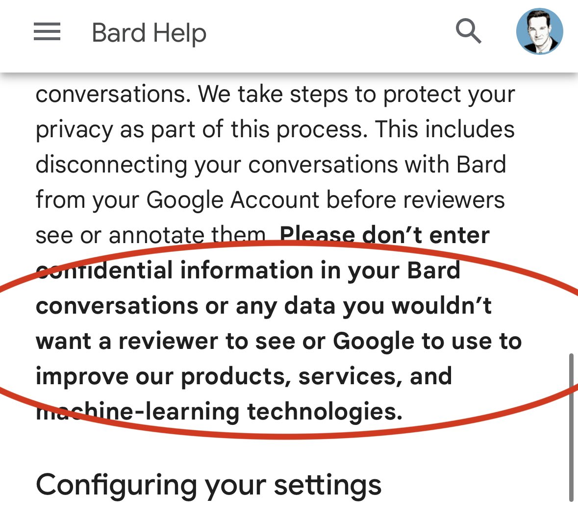 Google betont, seine neue, verbesserte #KI "Bard" greife nicht auf persönliche Nutzer-Daten zu. Im Kleingedruckten weist #Google dann aber darauf hin, keine Daten mit #Bard zu teilen, "die nicht von einem Google-Mitarbeiter eingesehen werden oder von Google genutzt werden soll".
