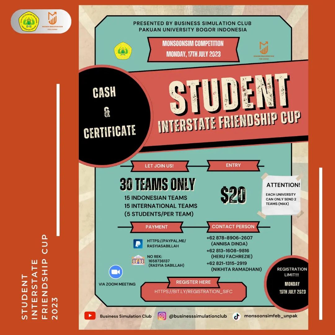 MonsoonSIM (@monsoonsim) on Twitter photo In Indonesia, the land of diversity and talent, numerous Business interfaculty competitions are taking place that you don't want to miss out on!
<a href="/UNJ_Official/">UNIV. NEGERI JAKARTA</a>
<a href="/Univ_Pakuan/">Universitas Pakuan</a>
#MERMC #CompetitionSeason #IndonesianTalent #BusinessMinds In Indonesia, the land of diversity and talent, numerous Business interfaculty competitions are taking place that you don't want to miss out on!
<a href="/UNJ_Official/">UNIV. NEGERI JAKARTA</a>
<a href="/Univ_Pakuan/">Universitas Pakuan</a>
#MERMC #CompetitionSeason #IndonesianTalent #BusinessMinds
