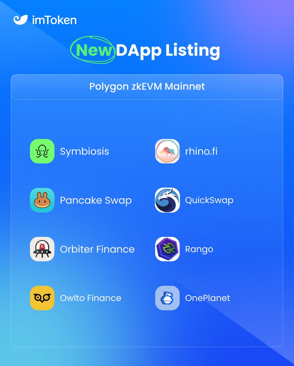 imTokenOfficial's tweet photo. 🔓Unlock the @0xPolygonDeFi Ecosystem with imToken!

📲Browse and interact with your favorite DApps on #PolygonzkEVM directly from your imToken wallet. https://t.co/fn1dZbPRZV