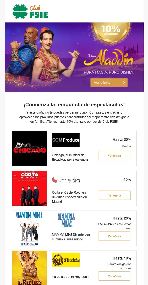 fsie_nacional's tweet photo. 🙌 Disfruta de un descuento en estas obras de teatro y musicales con el #ClubFSIE. 🍀
🎟 ¡Saca tus entradas! Paga hasta un 40% menos por estos espectáculos: ✨ Aladdín, 🎭 Chicago, 😆 Corta El Cable Rojo, 💃 Mamma Mía y 🦁 El Rey León.
🔗 https://t.co/AgeMNtsQyr
#SomosFSIE🍀 https://t.co/4lf32BBbct