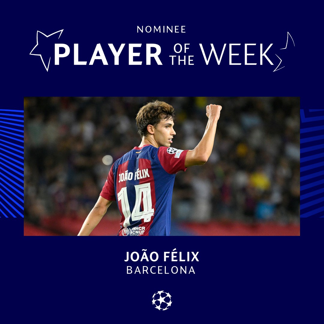 FCBarcelona's tweet photo. João Félix, nominated for everything  ✨

🌟 Player of the week
⚽️ Goal of the week
