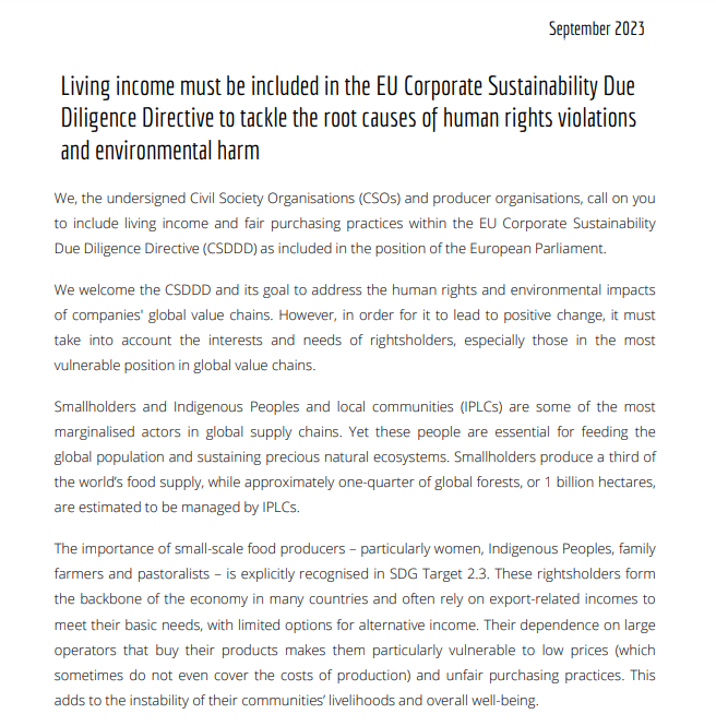 Today @WFTOEurope together with 70 civil society and producer organisations from around the world sent a letter to EU lawmakers, calling on them to ensure European companies are checking that their suppliers earn a #LivingIncome. Read the joint letter👉fairtrade-advocacy.org/wp-content/upl…