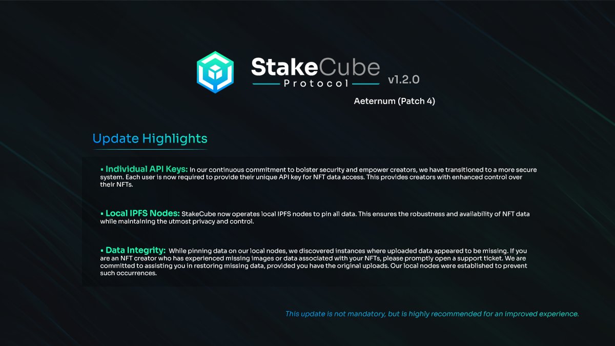 Exciting news, #StakeCube fam! Introducing StakeCube Protocol v1.2.0 – a big step forward in boosting NFT data security and user control. 🛡️
More Details ➡️ github.com/stakecube/Stak…
#SCP #IPFS #NFTs