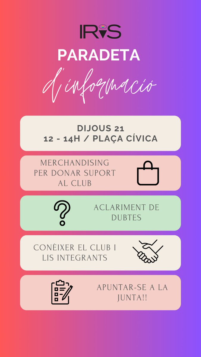 Avui estarem de 12h a 14h a la Plaça Cívica per presentar el col·lectiu. Us esperem a totis! 🏳️‍🌈🏳️‍⚧️