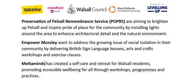 Not long to go now for our current projects crowdfunding for the benefit of their local community in Walsall.

Can you make a pledge to one of these impactful and inspiring projects?

Can you share this post with your network?

spacehive.com/movement/crowd…