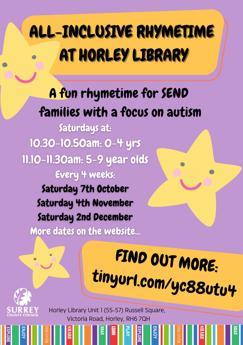 HorleyLibrary's tweet photo. Row, row, row your boat... all the way to our next All-inclusive Rhymetime on Sat 7th October... for SEND families with a focus on autism. To book, email: horleylibraryevents@surreycc.gov.uk. Find out more here: https://t.co/ZTuuqPBUJY
@SurreyLibraries
@FVSurrey
@SurreyFIS https://t.co/WgcHrI3kq1