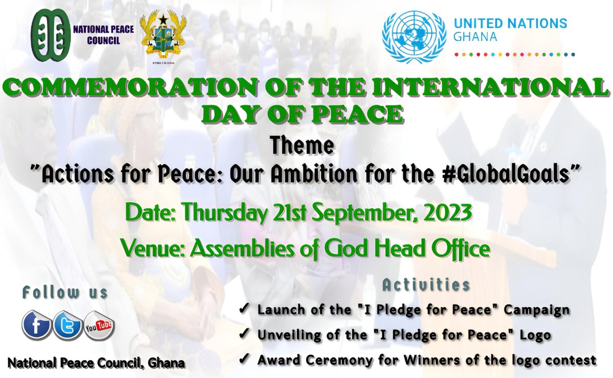 UNinGhana's tweet photo. Ghana has enjoyed over 25 years of uninterrupted peace!
Peace is not automatic. Peace is a result of action.
#HappeningNow: The launch of the #IPledge4Peacegh campaign to highlight the urgency to uphold peace to safeguard our nation's development.
#UNinGhana
@PeaceCouncilGh https://t.co/kGJRZLalZ0