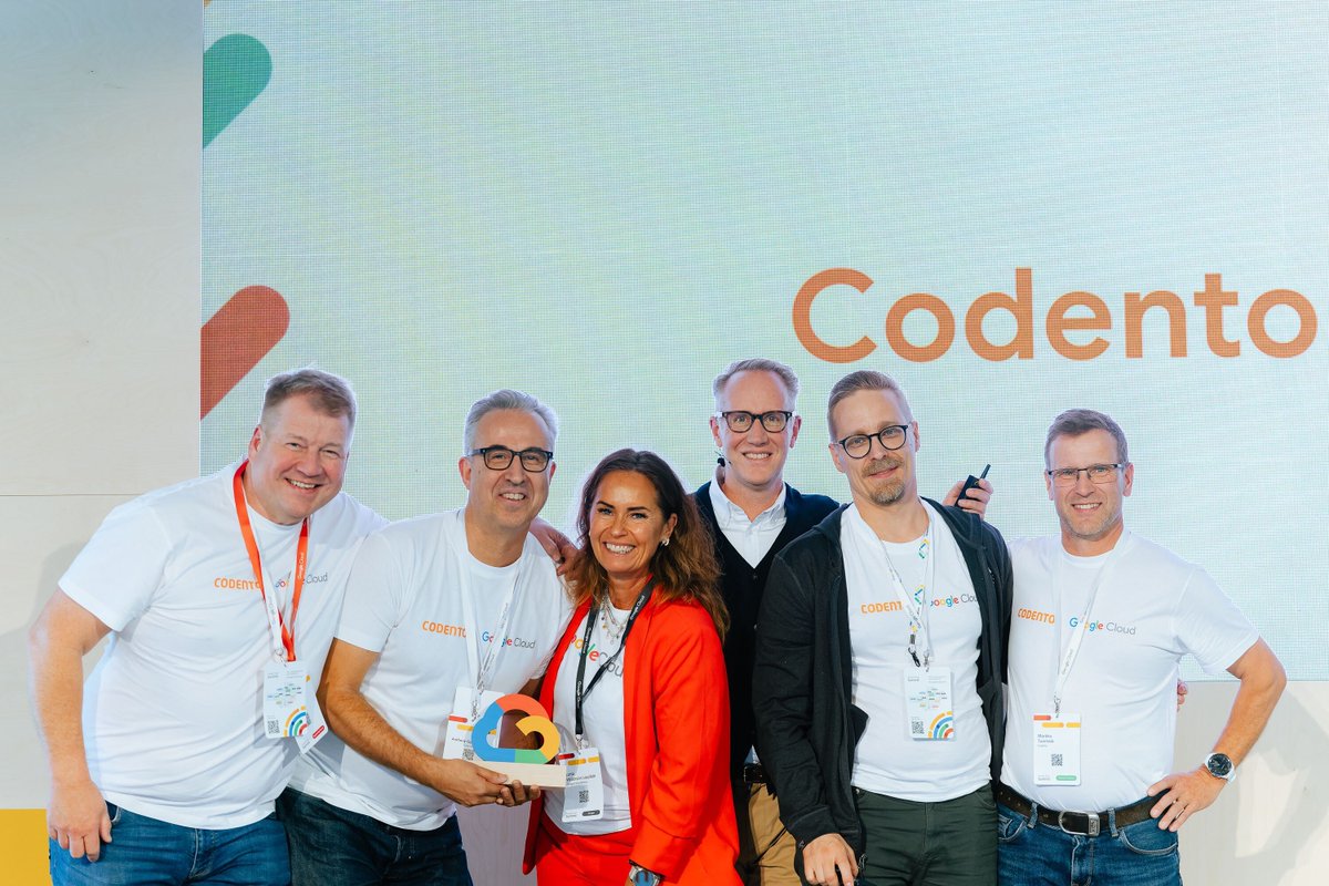 codento's tweet photo. What a fantastic day we had at Google Cloud Summit Nordics yesterday! 

Codento was awarded with the Partner Impact 2023 Recognition in Finland by Google Cloud Nordic team.

Thanks for the Google Cloud team in Finland for an outstanding collaboration and joint journey so far! https://t.co/mOxP8ndYuf
