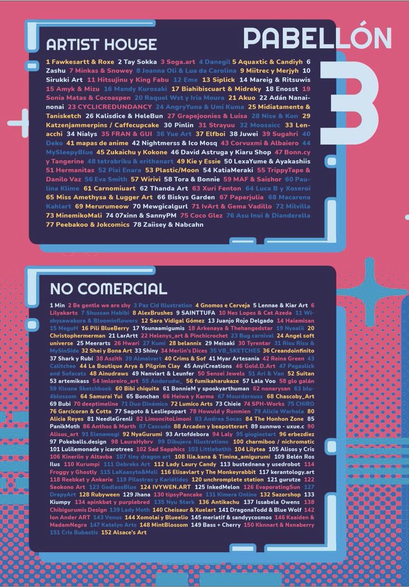 JW_Arte's tweet photo. ¡Ya podéis encontrar todos los artistas participantes en nuestras zonas de artista en la página web de Japan Weekend Madrid! ✨

➡️ https://t.co/yTZ3qZhPy7

Os dejamos también una versión para Twitter dividida por pabellones 💕 https://t.co/WLJU76GXLs