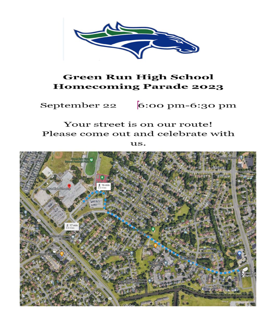 VBPD's tweet photo. ⚠ Traffic Advisory ⚠
Special Event Notice - Green Run High School Homecoming Parade - Friday, September 22, 2023 | 5:55 PM to 6:45 PM.
See details in attached notice.
#VirginiaBeach #VB #GreenRunHS https://t.co/gDDeQIbdvK