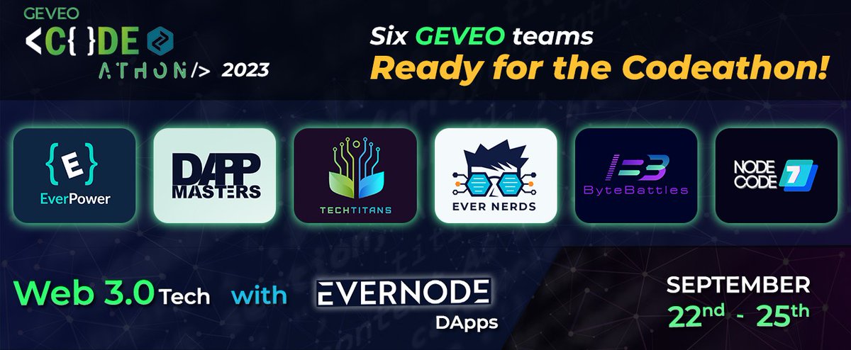 AntonNdra's tweet image. All are ready for the Codeathon!
Six Geveo teams are gearing up for the event happening from the 22nd to the 25th September 2023. Technology focus is on Web 3.0 technologies, decentralization, computing, and evernode.

#Codeathon #Geveo #Evernode #GeveoCodeathon #TechCompetition