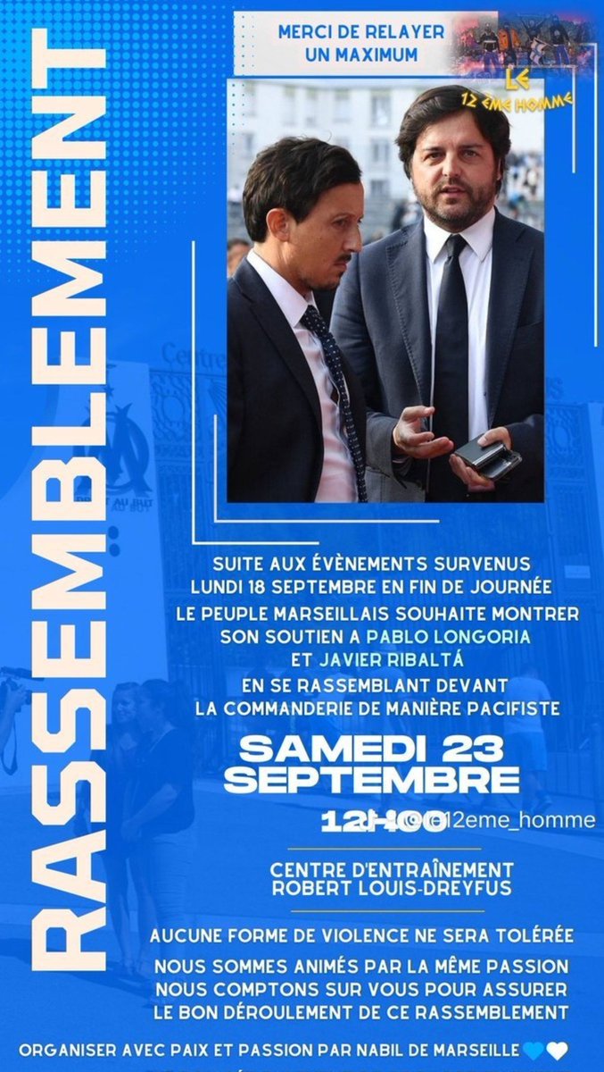 🔹Un rassemblement est prévu devant la Commanderie, ce samedi à 12h, en soutien à Pablo Longoria et Javier Ribalta ! #TeamOM <a href="/InfosOM_/">Infos OM</a>
